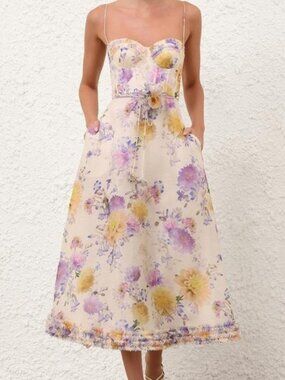 Zimmermann Luna Ruffle Midi Dress Cream Dahlia Floral Bustier A-Line Dress
